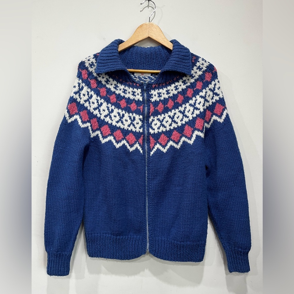 Handmade Fair Isle Wool Zippered Cardigan Blue Pink White size M